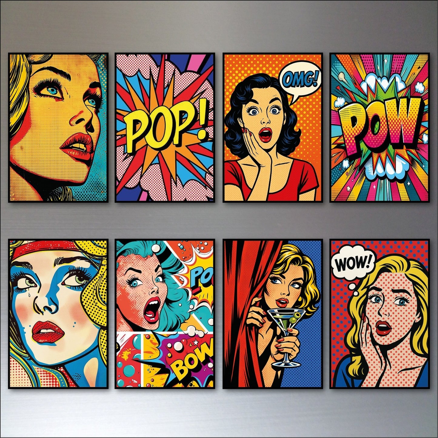 Set of 8 vintage retro pop art fridge magnets featuring colorful, bold designs on a white background.
