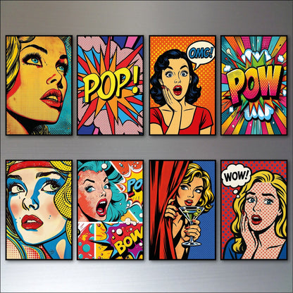Set of 8 vintage retro pop art fridge magnets featuring colorful, bold designs on a white background.
