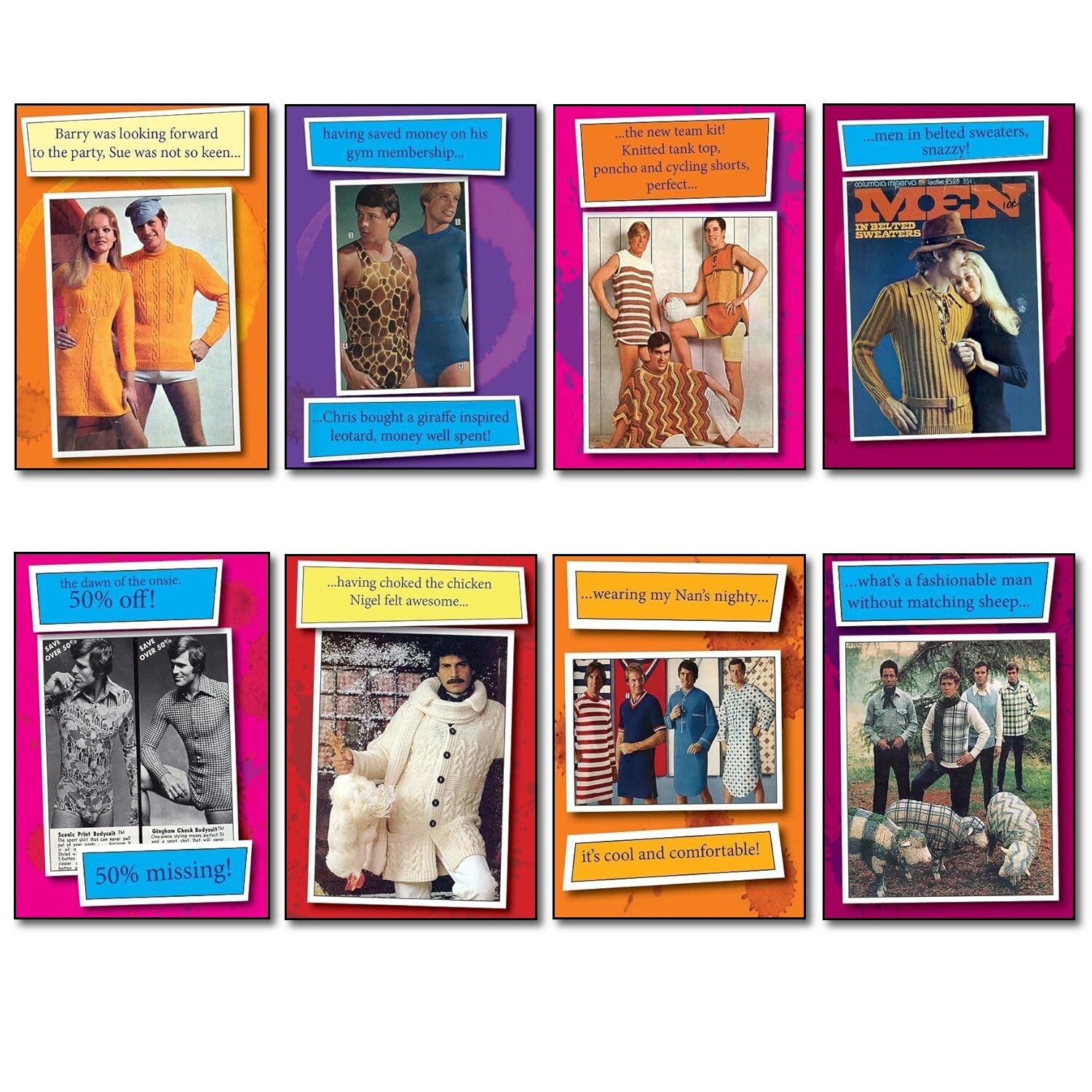Set of eight funny 1970s knit wear fridge magnets featuring colorful vintage fashion designs, unbranded kitchen decor accessories.