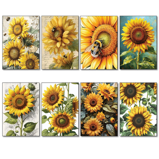Vintage Sunflower Painting Fridge Magnets Set of 8 | Floral Botanical Gift