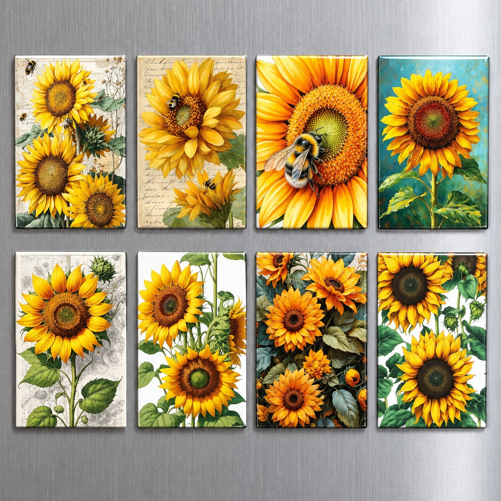 Vintage Sunflower Painting Fridge Magnets | Set of 8 | Floral Botanical Gift
