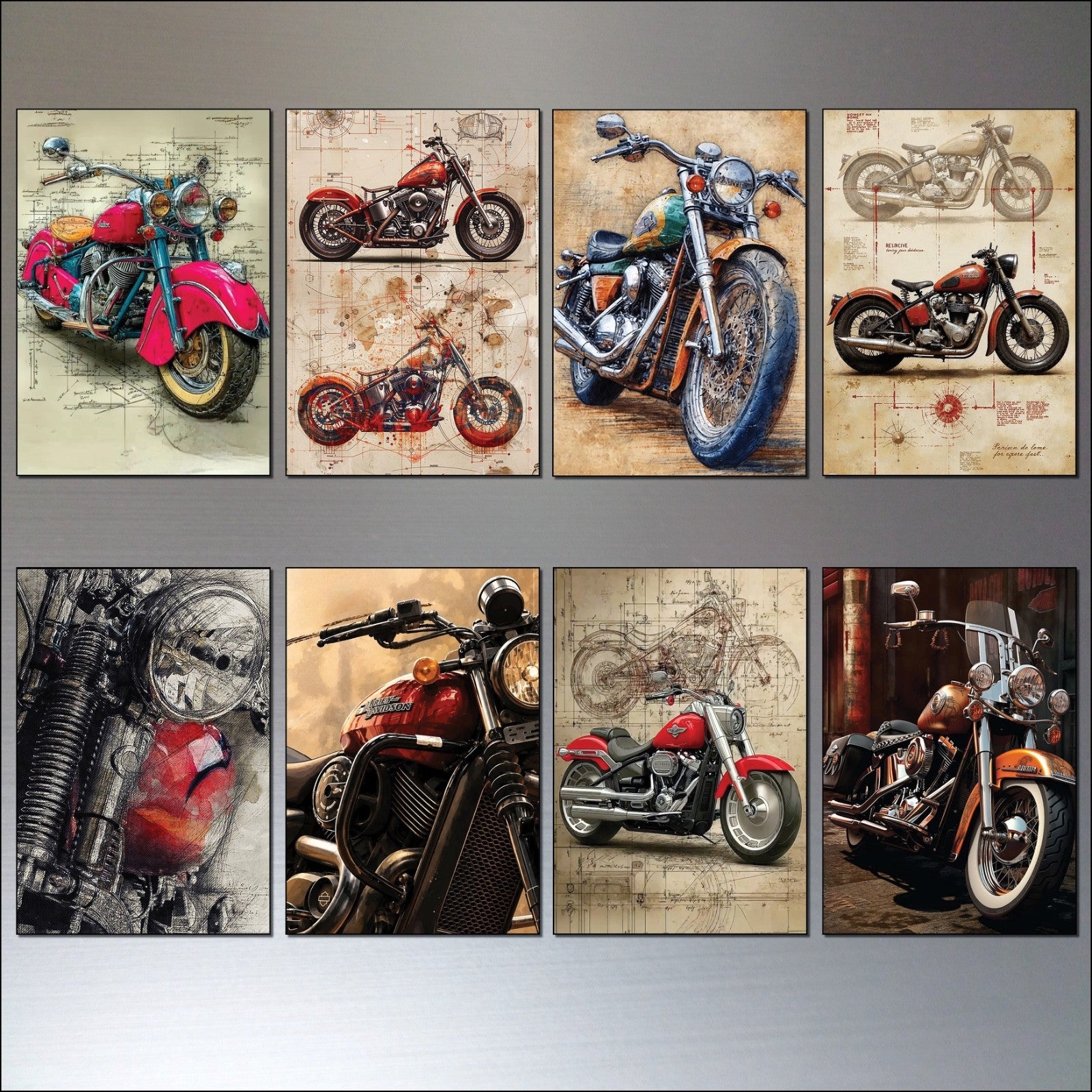 Set of 8 vintage motorbike sketch fridge magnets featuring classic motorcycle illustrations on a white background.