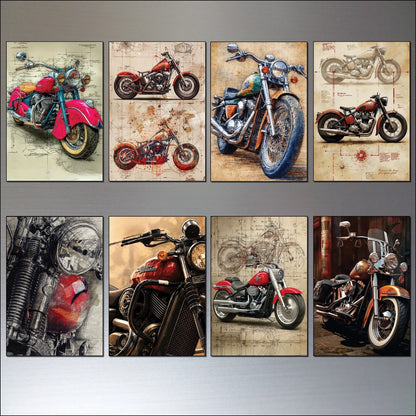 Set of 8 vintage motorbike sketch fridge magnets featuring classic motorcycle illustrations on a white background.