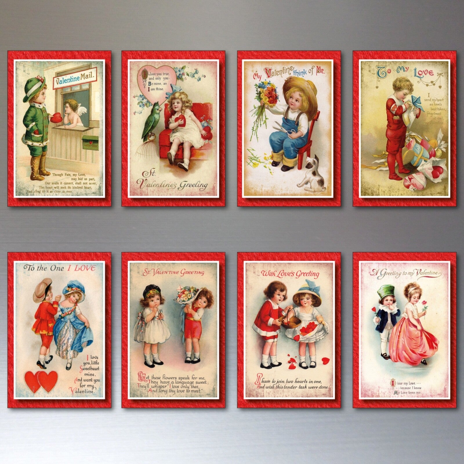Set of 8 vintage Valentine’s fridge magnets featuring charming card designs, by Bubbadoodoo, displayed on a refrigerator door.
