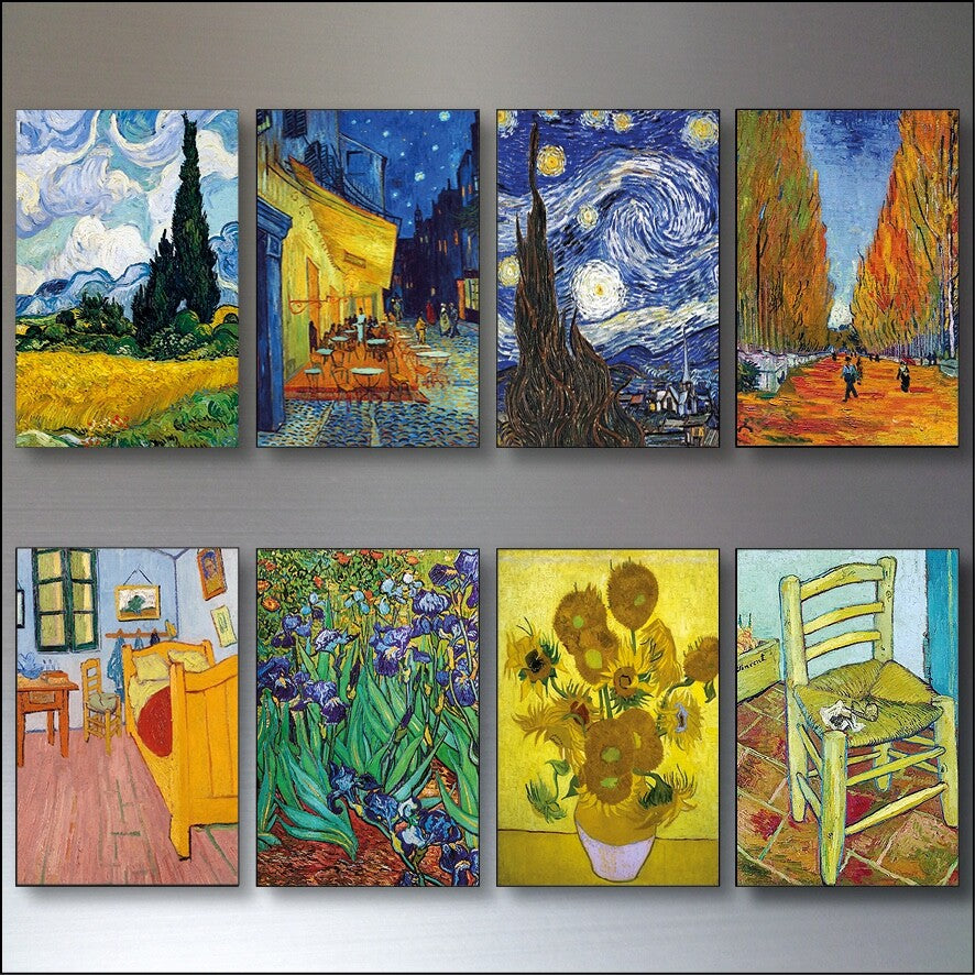 Set of 8 Vincent van Gogh fridge magnets featuring famous paintings, perfect for decorating your refrigerator with art.
