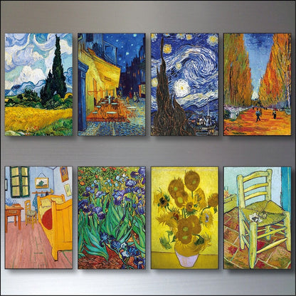 Set of 8 Vincent van Gogh fridge magnets featuring famous paintings, perfect for decorating your refrigerator with art.