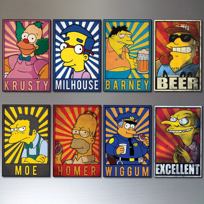 Set of eight Cartoon Simpsons character fridge magnets featuring colorful, vintage-style cartoon designs on a white background.