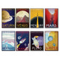 Set of 8 NASA retro sci-fi space travel explorer artwork fridge magnets, featuring vintage space exploration designs.