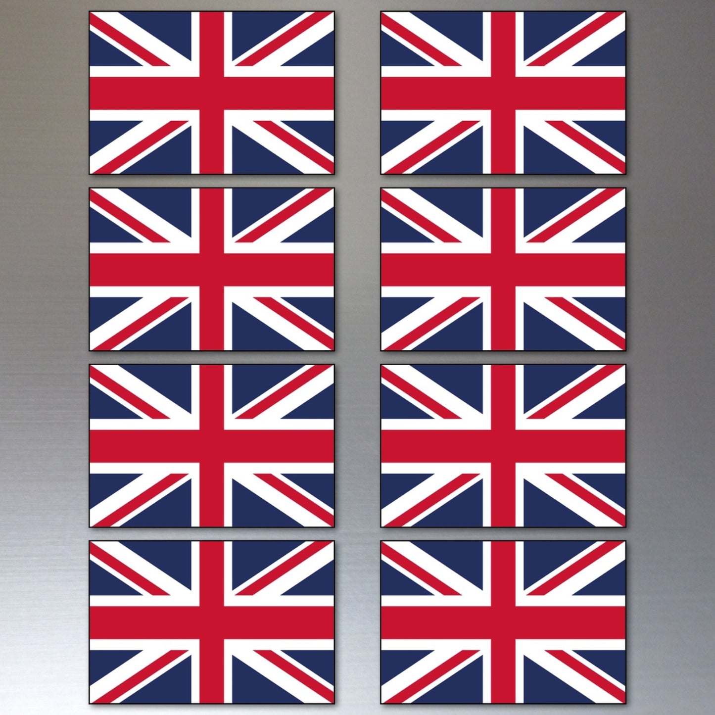 Set of 8 UK Union Jack flag fridge magnets, bank card size, featuring Britain flag designs for decorative kitchen accessories.