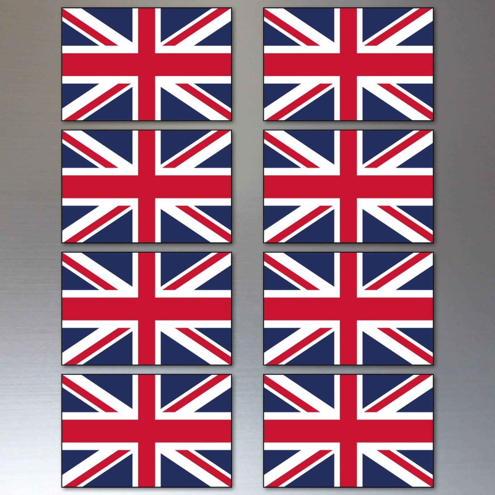 Set of 8 UK Union Jack flag fridge magnets, bank card size, featuring Britain flag designs for decorative kitchen accessories.