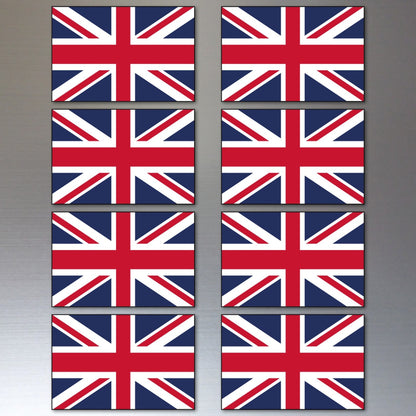 Set of 8 UK Union Jack flag fridge magnets, bank card size, featuring Britain flag designs for decorative kitchen accessories.