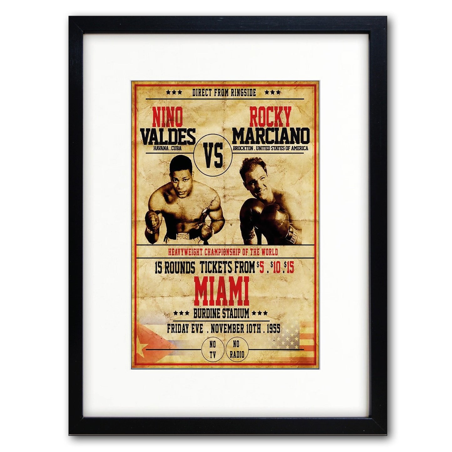 Vintage boxing fight poster print featuring Nino Valdes vs Rocky Marcia, with bold promotional design and classic boxing imagery.
