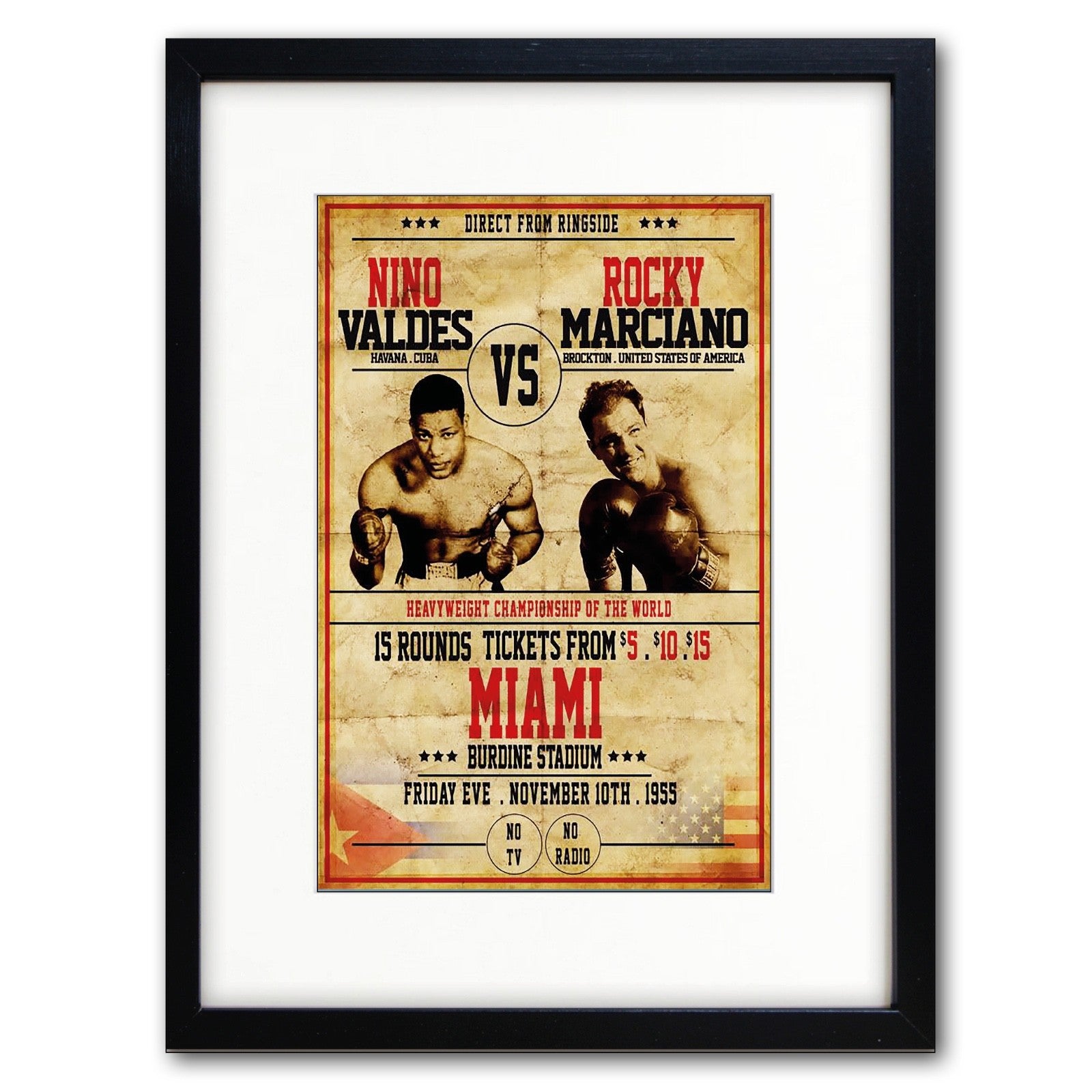 Vintage boxing fight poster print featuring Nino Valdes vs Rocky Marcia, with bold promotional design and classic boxing imagery.