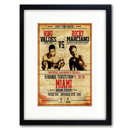 Vintage boxing fight poster print featuring Nino Valdes vs Rocky Marcia, with bold promotional design and classic boxing imagery.