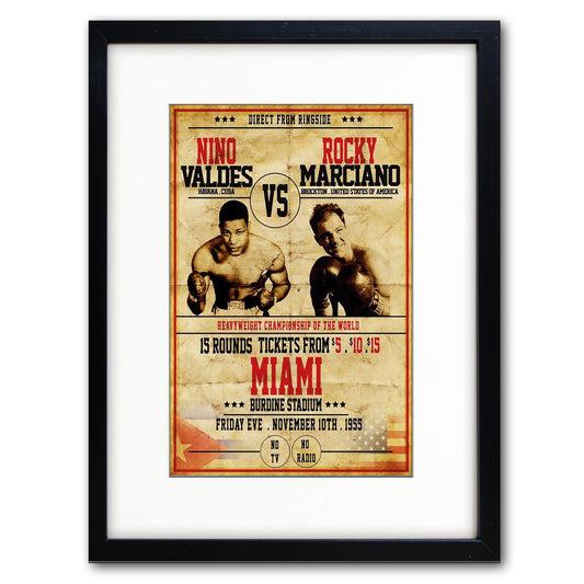Vintage boxing fight poster print featuring Nino Valdes vs Rocky Marcia, with bold promotional design and classic boxing imagery.