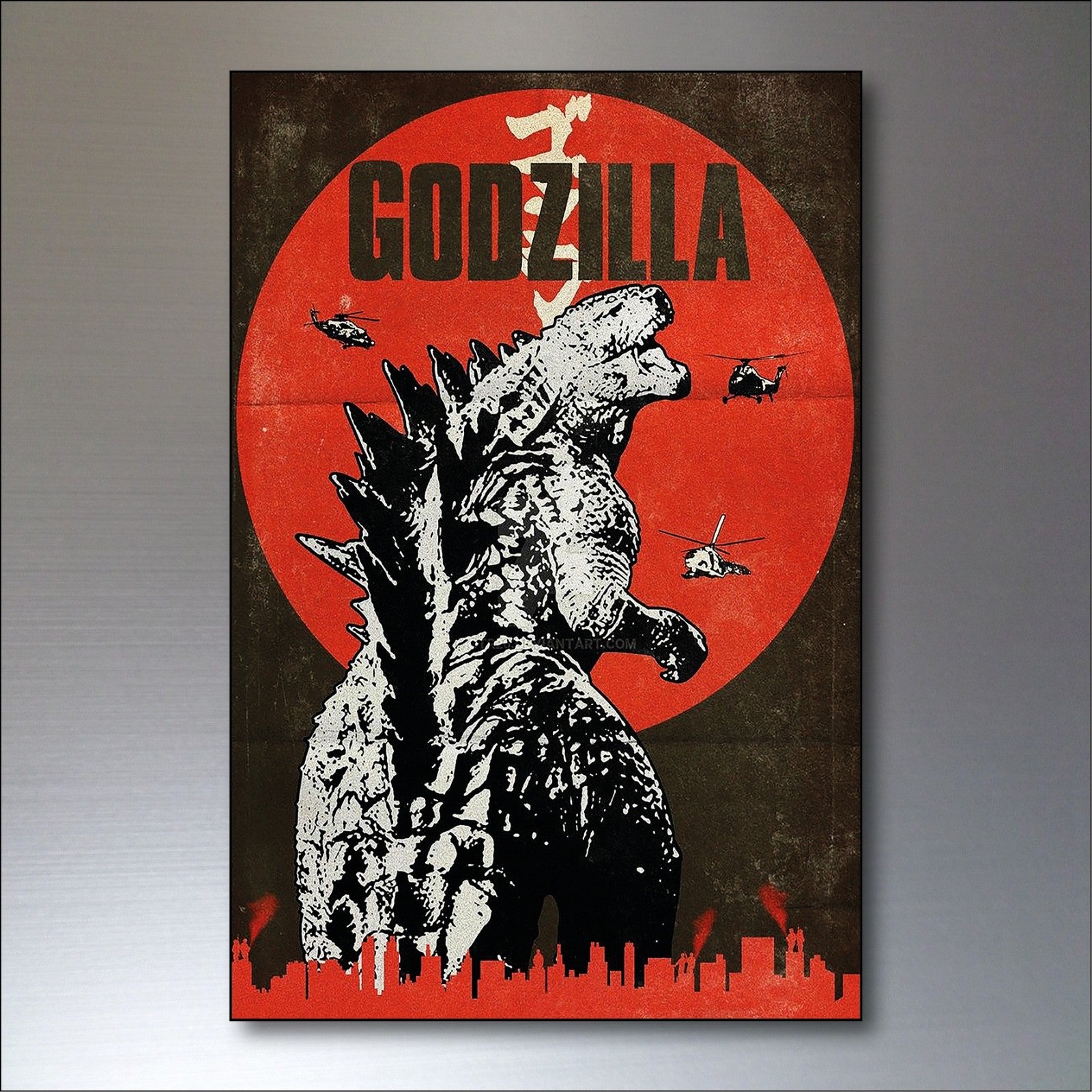 Set of 8 vintage Godzilla film poster fridge magnets featuring classic monster images, ideal for fridge or magnetic display.