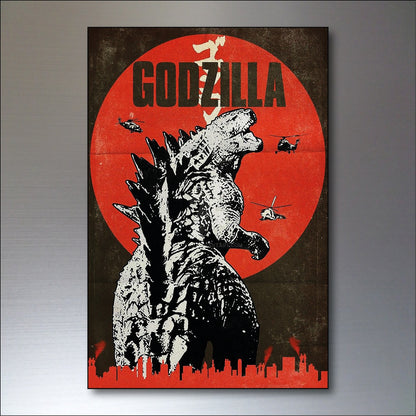 Set of 8 vintage Godzilla film poster fridge magnets featuring classic monster images, ideal for fridge or magnetic display.