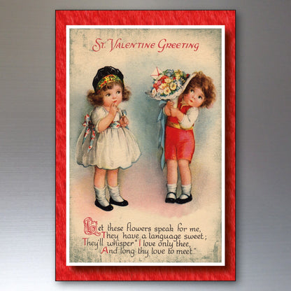 Set of 8 vintage Valentine’s Day fridge magnets featuring classic Valentine cards, by Bubbadoodoo, displayed on a refrigerator.