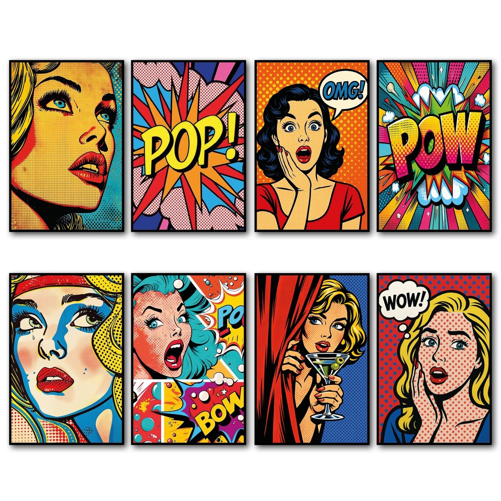 Set of 8 vintage retro pop art fridge magnets featuring colorful, bold designs on metallic surfaces.