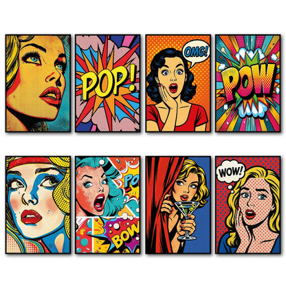 Set of 8 vintage retro pop art fridge magnets featuring colorful, bold designs on metallic surfaces.