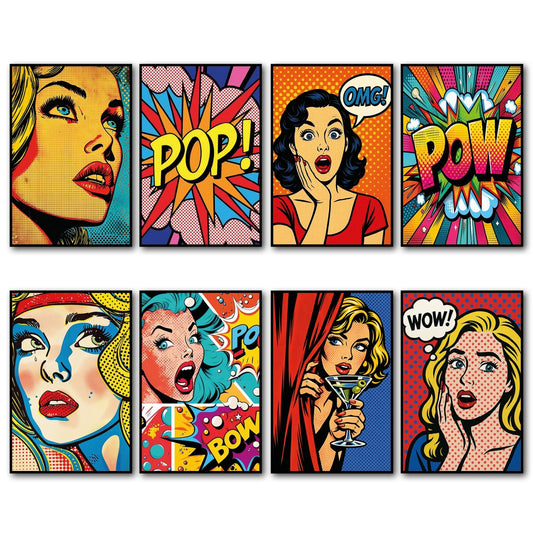 Set of 8 vintage retro pop art fridge magnets featuring colorful, bold designs on metallic surfaces.