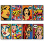 Set of 8 vintage retro pop art fridge magnets featuring colorful, bold designs on metallic surfaces.