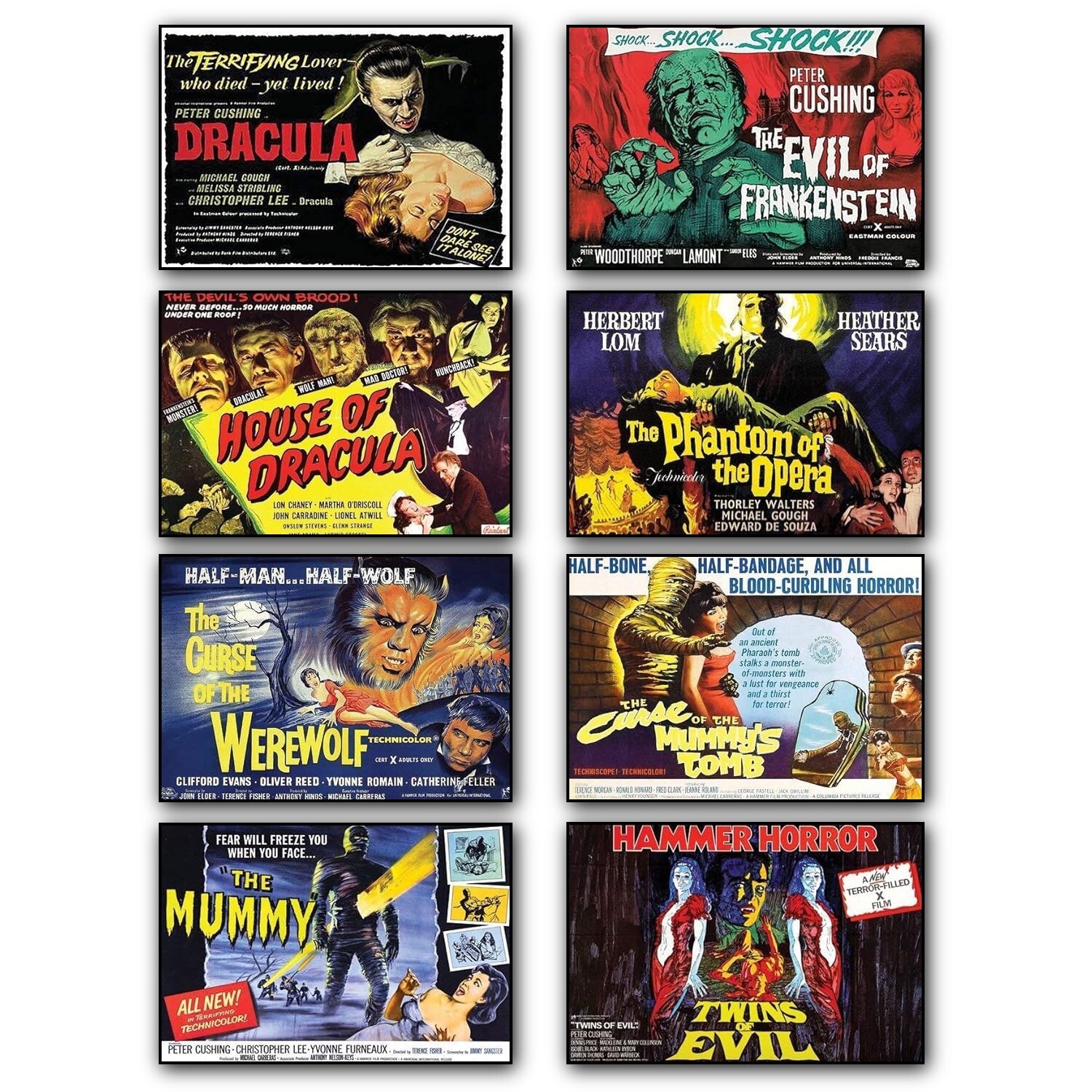 Set of 8 vintage Hammer Horror movie poster fridge magnets featuring classic horror film artwork and designs.
