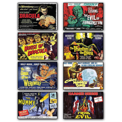 Set of 8 vintage Hammer Horror movie poster fridge magnets featuring classic horror film artwork and designs.