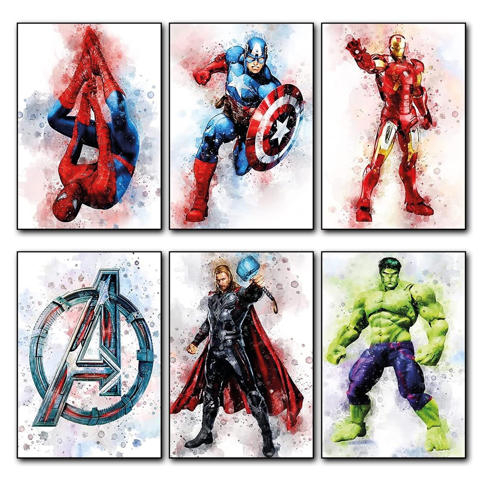 Set of six vintage superhero and villain fridge magnets featuring colorful character designs on a metallic surface.