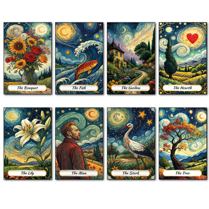 Set of 8 Van Gogh style Tarot card fridge magnets featuring colorful, artistic designs on a magnetic surface.