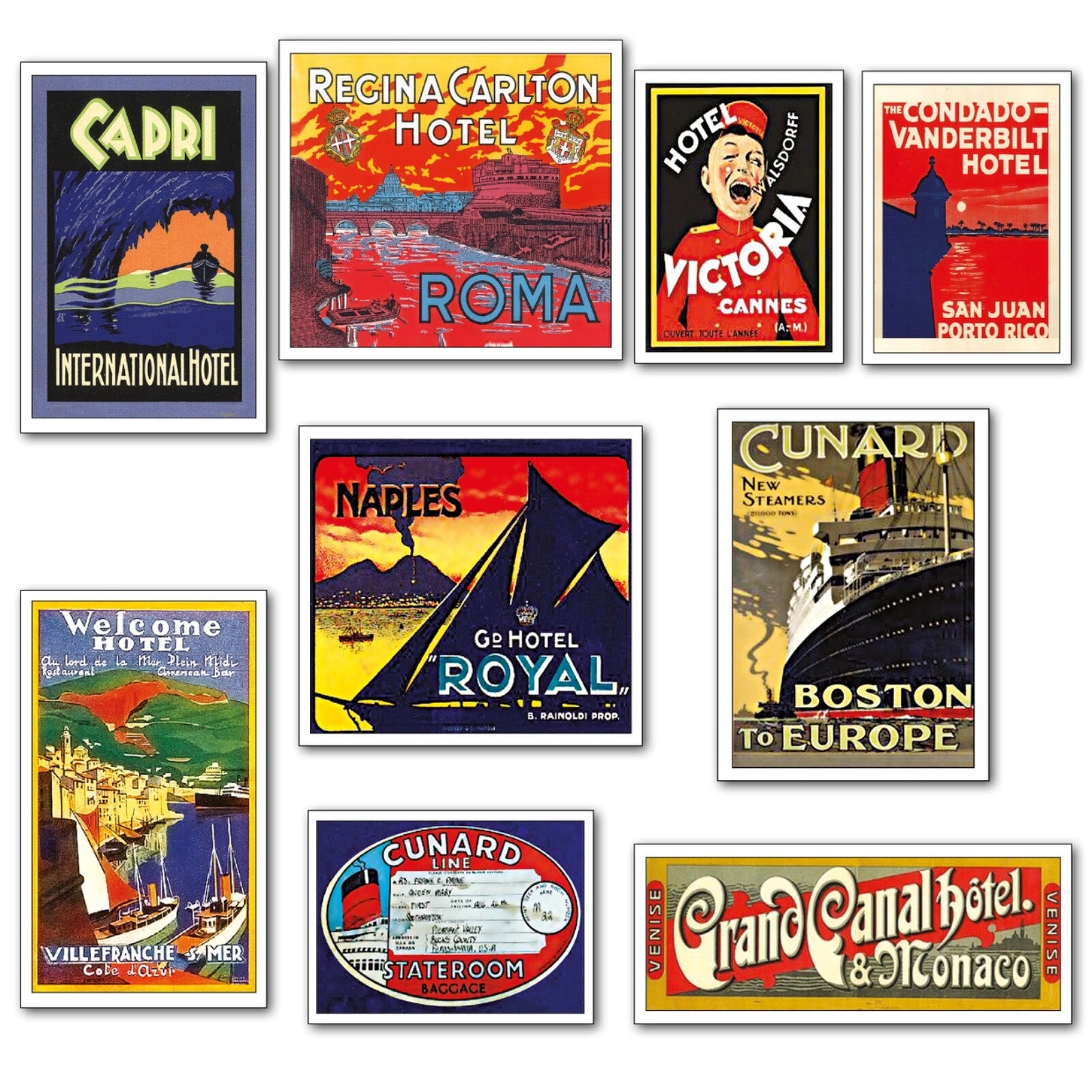 Set of nine vintage luggage label fridge magnets featuring Atlantic steamer trunk design, ideal for refrigerator decor.
