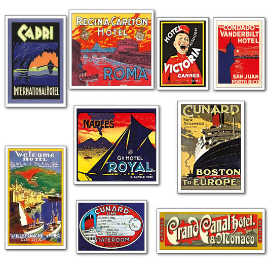 Set of nine vintage luggage label fridge magnets featuring Atlantic steamer trunk design, ideal for refrigerator decor.