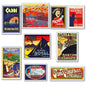 Set of nine vintage luggage label fridge magnets featuring Atlantic steamer trunk design, ideal for refrigerator decor.