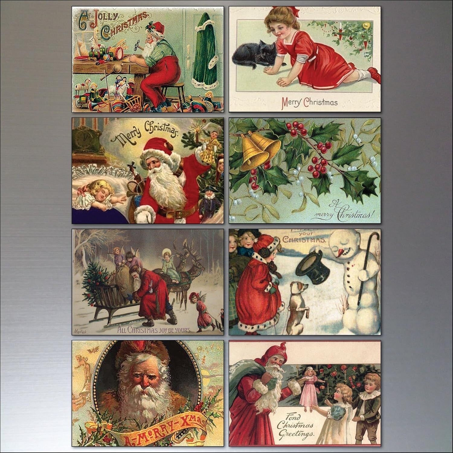 Vintage Victorian Christmas fridge magnets set featuring 8 traditional holiday scenes, perfect for festive kitchen decor.