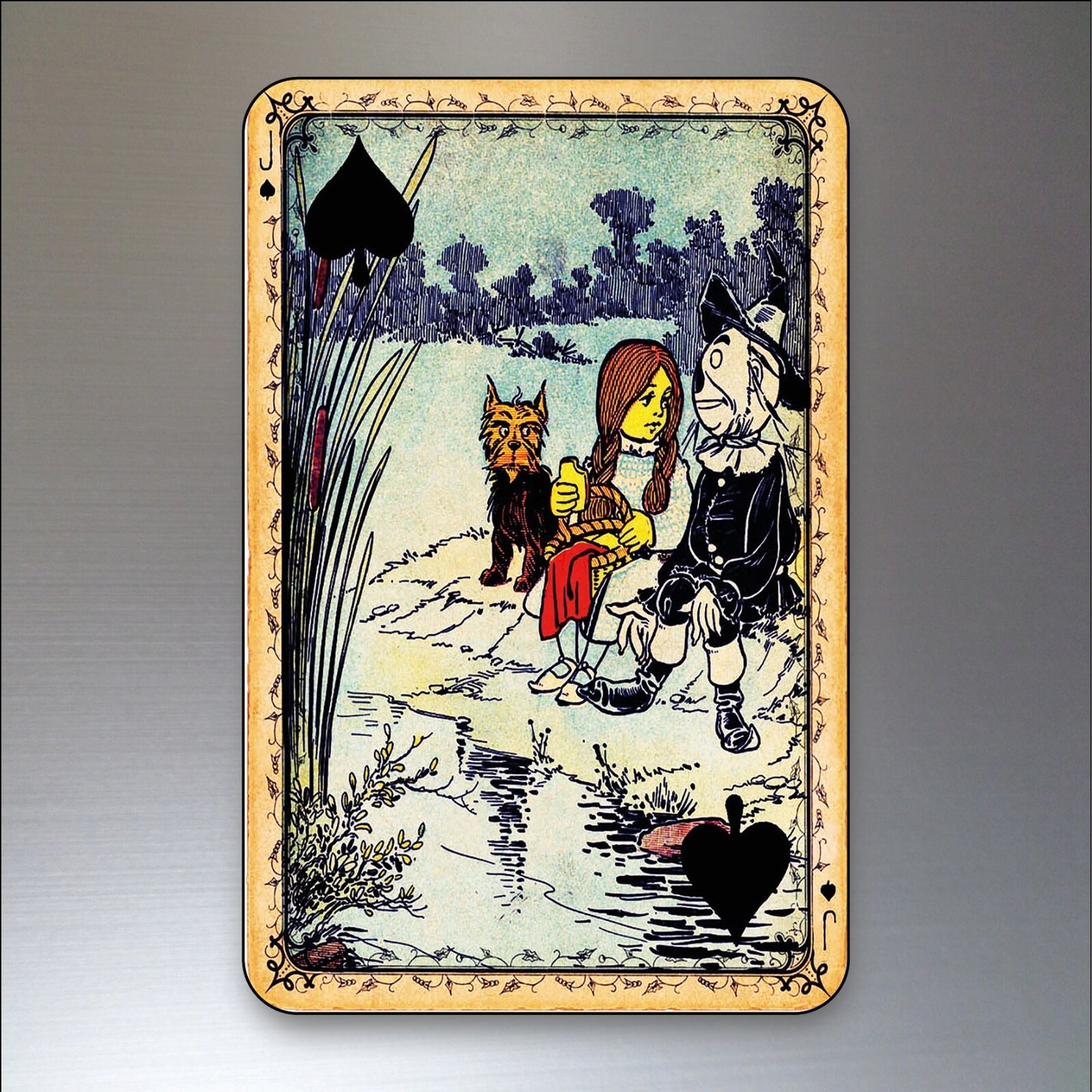 Set of 8 vintage Wizard of Oz themed fridge magnets featuring decorative playing card designs on a magnetic backing.