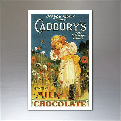 Vintage chocolate poster fridge magnets set featuring shabby chic retro advertising design with nine colorful magnetic images.