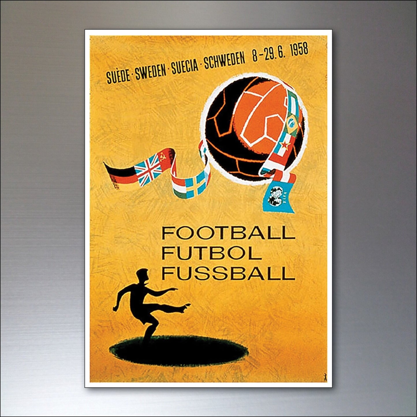 Set of 8 unbranded football World Cup fridge magnets featuring vintage designs from 1954 to 1982.