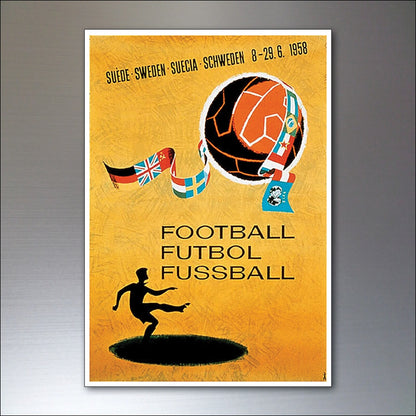 Set of 8 unbranded football World Cup fridge magnets featuring vintage designs from 1954 to 1982.