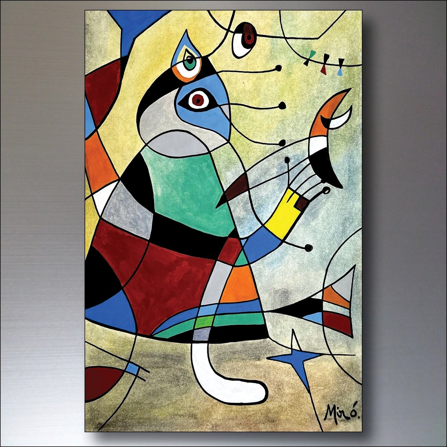 Set of 8 vintage Joan Miró fridge magnets featuring surrealist Spanish art and colorful abstract designs.