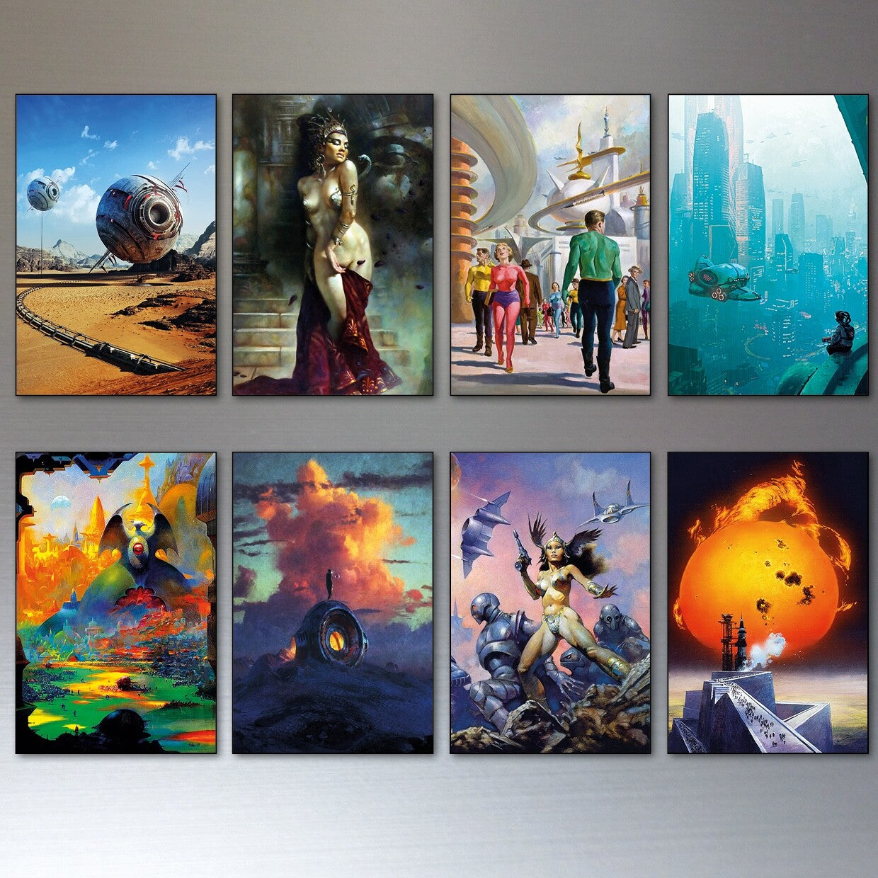 Set of 8 vintage retro sci-fi novel artwork fridge magnets by Bubbadoodoo featuring classic science fiction illustrations.