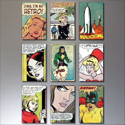 Vintage retro comic strip fridge magnets by Classic featuring funny quotes and humorous designs for kitchen decor.