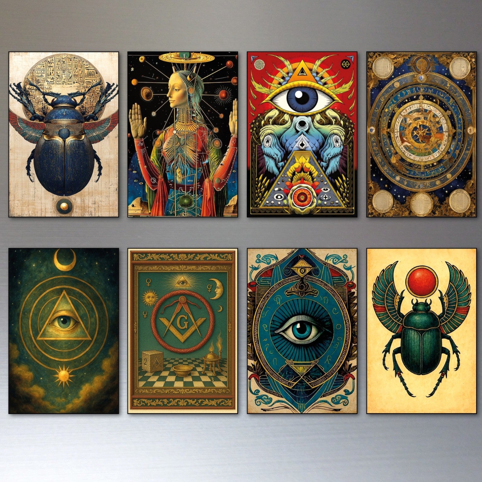 Set of 8 vintage mystic tarot zodiac fridge magnets featuring retro evil eye designs by Evil Eye.