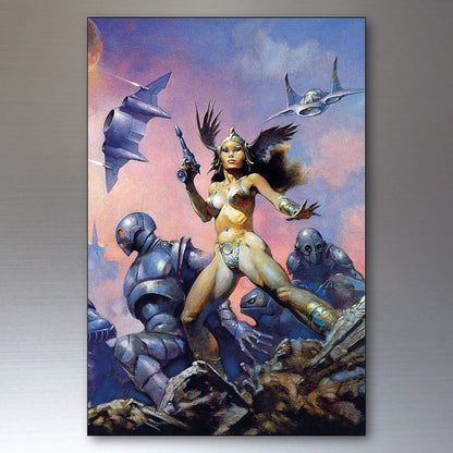 Set of 8 vintage retro sci-fi novel artwork fridge magnets by Bubbadoodoo featuring classic science fiction illustrations.