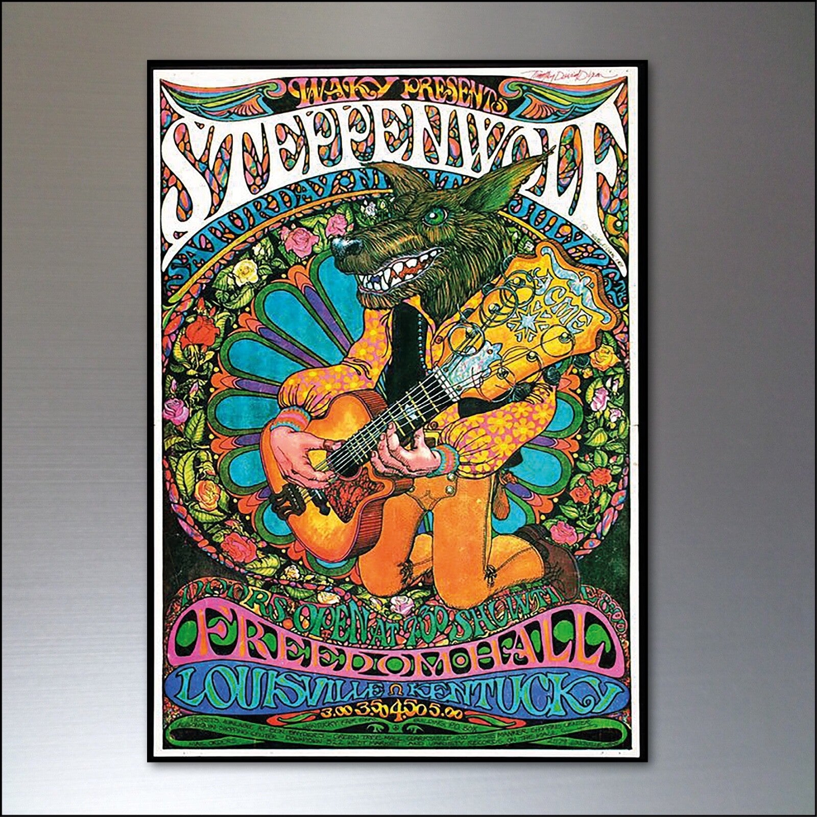 Set of 8 vintage 1960s and 70s psychedelic music posters fridge magnets, featuring colorful retro designs and band artwork.