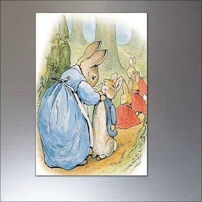 Vintage Peter Rabbit fridge magnets set of 8 featuring Beatrix Potter illustrations on colorful, whimsical magnet designs.