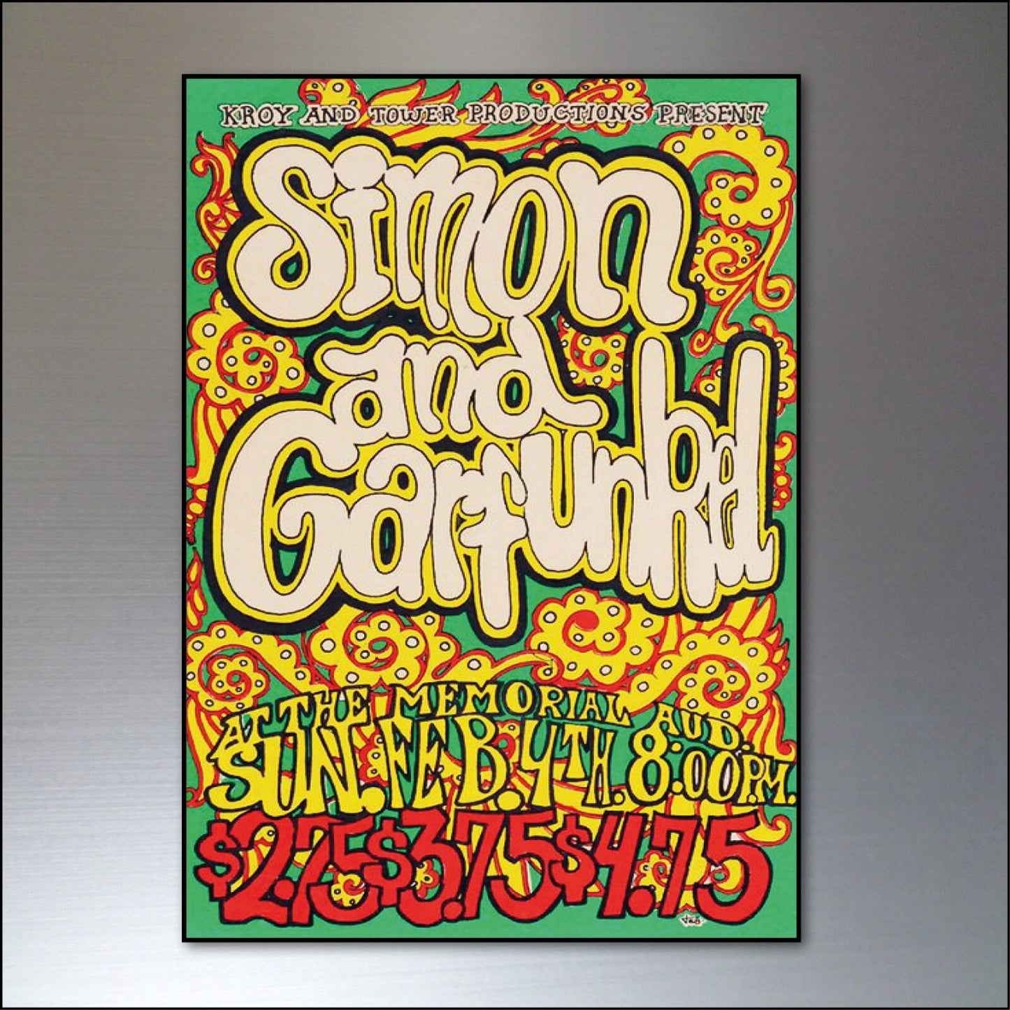 Set of 8 vintage 1960s and 70s psychedelic music posters fridge magnets, featuring colorful retro designs.
