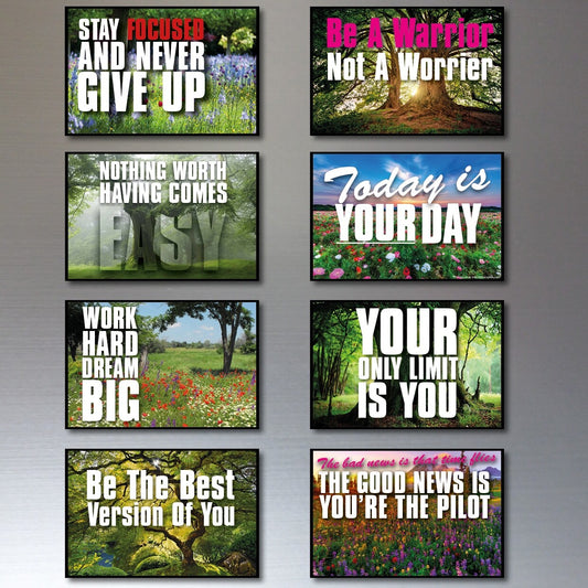 Set of 8 vintage retro fridge magnets featuring motivational and inspirational quotes, unbranded decorative magnetic accessories.