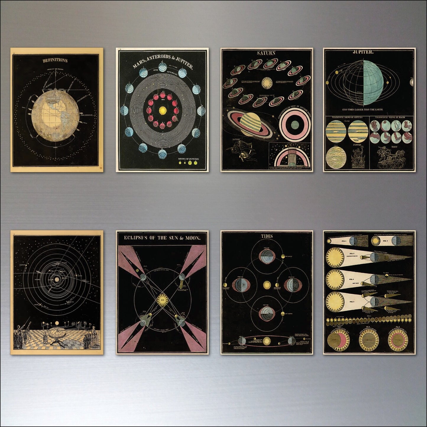 Set of 8 vintage astronomy illustrations of space planets on flexible fridge magnets, featuring colorful celestial designs.