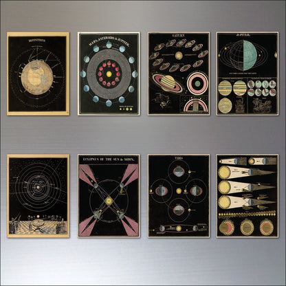 Set of 8 vintage astronomy illustrations of space planets on flexible fridge magnets, featuring colorful celestial designs.