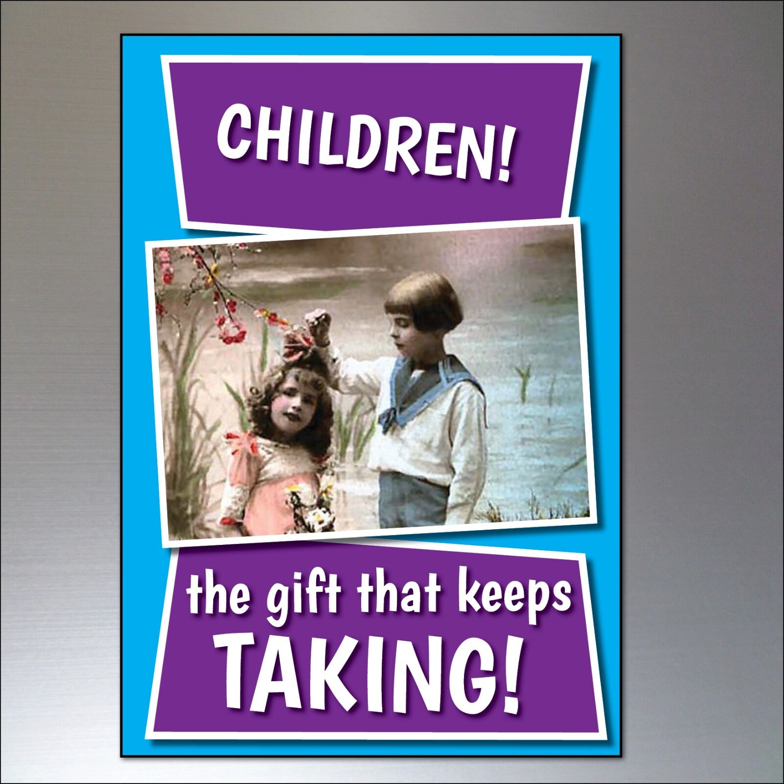 Set of 8 humorous and inspirational fridge magnets with funny quotes, unbranded, displayed on a kitchen fridge.